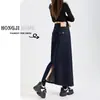 Falda de Mezclilla Azul de Cintura Alta para Mujer Otoño 2025 Nueva Falda de Longitud Media Holgada con Efecto Adelgazante para Personas Bajas