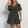 Vestido de rayas con cuello en V y manga corta para mujer europea y americana de talla grande, cintura imperio, holgado, casual, falda bohemia