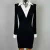 Producto Nuevo de Dongdaemun, Corea del Sur: Vestido de punto ajustado para mujer, de manga larga, con fruncido en la cintura, solapa y diseño de patchwork, vestido bodycon femenino