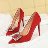 3265-K71 Moda Elegante Tacones Altos Zapatos de Tacón de Aguja con Pedrería y Hebilla Cuadrada de Boca Baja para Mujer Zapatos de Punta de Gama Alta para Mujer