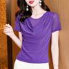 Camiseta de manga corta con cuello de pila para mujer, ropa de verano, diseño irregular, camisa pequeña de malla de seda brillante, top pequeño de estilo occidental
