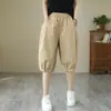 AlgodónVerano Delgados Casuales Pantalones Cortos Mujer Sueltos Tallas Grandes Cintura Alta Pantalones de Cinco Puntos Pierna Ancha Cintura Elástica Pantalones Harem