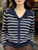 Cardigan com gola marinha feminino outono e inverno novo estilo universitário lapela cor contrastante casual temperamento listrado malha manga longa cardigan feminino