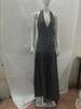 Vestido Largo Sexy Retro Slim sin Espalda con Cuello Halter Atado Estilo Europeo y Americano Estampado de Lunares Escote en V Profundo