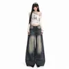 Jeans de mezclilla retro americanos desgastados para mujer, pantalones largos nuevos de pierna recta ancha acampanados, pantalones largos azules, longitud extendida azul
