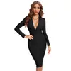 Yizhilian Estilo Europeu e Americano Comércio Exterior Manga Longa Boate Sexy Vestido de Noite Apertado Bandagem Decote V Bodycon Vestido para Mulheres