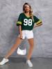 Camiseta feminina solta com decote em V, meia manga, estampa de letras esportivas europeias e americanas, produtos internacionais