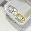 Anillo de Perla de Agua Dulce Natural Chapado en Oro de 18K Anillo Cuadrado Abierto Anillo de Boca Viva para Mujer Joyería de Perlas de 7-8MM