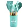 Punho de madeira Silicone Utensílios de cozinha Conjunto de 12 peças Antiaderente Pan Barril de armazenamento Utensílios de cozinha Espátula Colher de fritura Colher de sopa Escorredor Clipe de comida