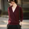 Suéter de punto de lana con cuello en V cruzado, elegante top de manga larga para mujer, colección otoño/invierno 2026, suéter de capa interior a la moda