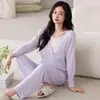 Ropa modal de manga larga para maternidad y posparto con almohadillas en el pecho, pijama de color liso para mujeres en posparto, ropa de casa ajustable para lactancia
