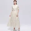 Bienes transfronterizos en stock: Vestido de lujo ligero color albaricoque con cuello de traje, manga corta, bordado tridimensional, vestido largo para verano al por mayor