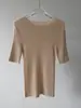 Lavable a máquina, tejido fino de 60 hilos, 18 puntos, sin costuras, 100% lana, cuello redondo, manga media, camiseta base de punto para mujer, Otoño 2026