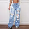 Jeans Rotos Lavados de Cintura Alta de Pierna Recta Versátiles Sueltos de Mezclilla para Mujer Jeans