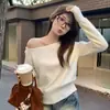 Estilo Suave Hombro Descubierto Cuello de Una Línea Manga Abullonada Tejido de Punto para Mujer 2025 Estilo Coreano Holgado y Chic Camisa Top
