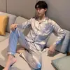 Pijama de Manga Larga para Hombre Primavera y Otoño Delgado Seda de Hielo Guapo Ropa Exterior Ropa de Casa conjunto Talla Grande Pijama Holgado para Hombre