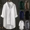Camisa de Moda de Color Sólido Transfronteriza Europea y Americana para Mujer, Estilo Casual Algodón y Lino Corte Holgado Doble Bolsillo Camisa de Longitud Media
