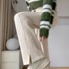 Pantalones anchos forrados de forro polar para mujer de otoño e invierno, pantalones de lana de cintura alta, pantalones rectos de pierna estrecha con patrón de espiga en el dobladillo dividido engrosado para invierno