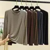 Camiseta de Modal Nova Cor Sólida Tamanho Plus para Mulheres, Manga Longa Nova Folgada, Camiseta Básica Camada Interna