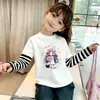 Roupa de Verão para Meninas: Camiseta Estampada Manga Longa Doce e Fofa, Top Patchwork Duas Peças de Verão para Crianças Maiores, Algodão Puro
