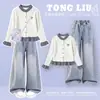 Cárdigan a Cuadros Color-Block de Moda para Niños Mayores Conjunto de Jeans con Lazo Estilo Universitario Primavera/Otoño 2026