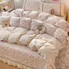 Conjunto de colcha de renda francesa de luxo, quatro peças, design A/B dupla face, colcha acolchoada espessa, fronha e capa de edredom, para cama de casa