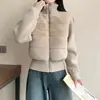 Abrigo de Algodón con Parches de Punto y Piel Sintética de Visón Invierno 2026, Moda, Versátil, Elegante, Sencillo, Cálido para Mujer
