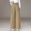 Pantalones casuales de pierna ancha con cinturón color caqui para mujer, nuevo estilo otoño 2026, de cintura alta, plisados, cintura elástica trasera, adecuados para ir al trabajo