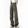 Calça de Trabalho de Alta Qualidade com Rebites Pretos para Mulheres, Primavera 2026, Cintura Alta, Caimento Solto, Calça Reta Emagrecedora com Efeito Drapeado, Calça de Pernas Largas