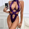 Body de renda sexy com amarração no pescoço, best-seller no comércio exterior para mulheres, apresentando um design vazado, costas abertas e tiras cruzadas, um traje de peça única sedutor e atraente