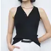 Top sin mangas retro de tres botones con cuello en V, tejido de seda helada con caída, corte ajustado, versátil, color liso, prenda interior sin mangas