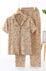 Atacado Dropshipping Gola Estampa de Morango Manga Curta Calça Longa Algodão Puro Crepe Pijama Feminino Confortável Pode Ser Usado Fora Pijama