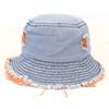 Distintivo Diseño Roto Denim Lavado Sombrero de Cubo con Volantes Plegable Cara Sombrero de Pescador Pequeño Sombrero Desgastado de Moda Trendy