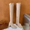 Botas de tacón medio altas para otoño e invierno, botas largas, botas elásticas de gamuza para mujer ajustadas, efecto adelgazante, punta redonda sexy, versátiles
