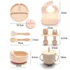 Atacado transfronteiriço louça infantil tigela complementar prato de silicone garfo colher de bebê babador conjunto de 8 peças de produtos anti-queda para maternidade e infância