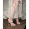 Tacones Altos de Aguja Plateados 2026 Verano Nuevo Estilo Sandalias de Tira con Pedrería Francesa Pantuflas de Tacón Alto de Cristal para Mujer para Uso en Exteriores