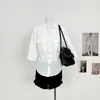 Camisa blanca de lino Tencel con cuello en V y manga tres cuartos para mujer, estilo old money, blusa casual holgada que ajusta la cintura