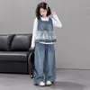 Elegante y chic conjunto de mezclilla para niñas, con un chaleco de moda y pantalones de pierna ancha, perfecto para primavera y otoño