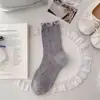 Calcetines de Encaje de Algodón Puro para Mujer Calcetines de Media Pantorrilla estilo miu de Malla Transpirables Japoneses Dulces Florales Lolita Caídos Largos
