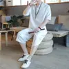 Conjunto de camiseta de manga curta de algodão e linho Verão Linho Conjunto de duas peças Masculino Estilo japonês Retrô Estilo chinês Marca da moda Calças cropped soltas