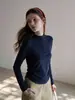 Blusa Doce e Fresca com Zíper Meio e Gola Alta de Manga Longa para Mulheres, Primavera/Outono, Design Franzido Lateral, Barra Curva, Camiseta Base de Compressão Slim