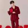Conjunto de Pijama Masculino de Algodão Puro para Primavera e Outono, Manga Longa, Calça Longa, Cardigã Festivo com Lapela, Solto, Pode Ser Usado ao Ar Livre, Roupa para Casa