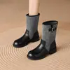 Botas de montaria de lona retrô da moda de cano médio para mulheres, nova coleção de outono de 2026, com sola fina, salto grosso, bico redondo, botins estilo workwear