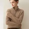 Suéter Feminino 100% Caxemira Pura com Meio Zíper, Novo Estilo Outono/Inverno, Caimento Solto, Gola Meia Alta, Suéter de Malha Base