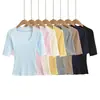 Camiseta de Color Sólido con Borde Deshilachado, Cuello en U de Manga Media, Estilo Puro Deseo, Nuevo Top Básico Versátil de Color Sólido Ajustado Favorecedor para Primavera/Verano