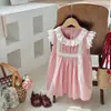 Roupa Infantil de Nicho Gola com Babados de Renda Vestido Plissado para Meninas 2026 Chegada Nova de Verão Mangas Bufantes Renda Doce Vestido Princesa