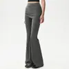 Conjunto Duas Peças de Yoga Top Ombro a Ombro Manga Longa Calça Longa de Cintura Alta Falsa Duas Peças Flare Conjunto de Roupa Esportiva para Fitness Feminina Outono
