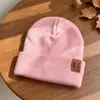 Otoño Invierno Color Liso Gorro de Punto para Niños Parche de Cuero Suéter Sencillo para Bebé Gorro de Lana Niños Niñas Gorro de Punto Cálido Venta al por Mayor