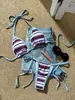 Bikini sexy retro a rayas azul claro con cuello halter y atado, superventas transfronterizo europeo y americano para mujer, 2026