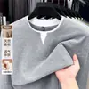 Camiseta de manga larga de algodón puro para hombre de alta calidad para comercio exterior transfronterizo, sudadera casual versátil de cuello redondo de dos piezas simuladas para hombre
